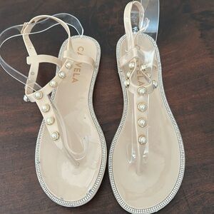 Beige Sandals with Pearl Accents